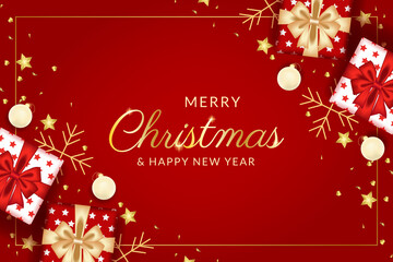 merry christmas and happy new year greeting card with realistic red decoration