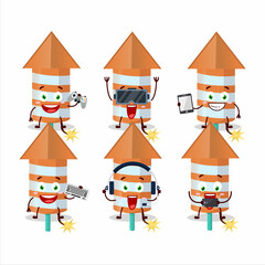 Rocket firework orange cartoon character are playing games with various cute emoticons