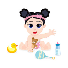 Obraz premium Cute beautiful baby character siting and playing with toys ball feeder duck toy