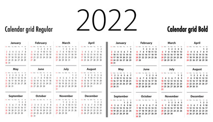 Calendar grid  2022 English Sundays First. Regular and bold versions