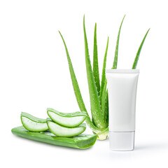 Beauty cream with aloe vera on white background. Aloe vera skin care. Moisturizing and skin care concept.