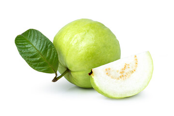 guava with green leaf isolated on white background	