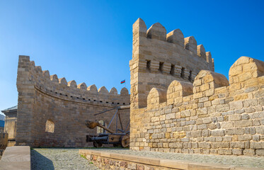 An ancient catapult on the tower of the Old City. Historical center of Baku, Azerbaijan