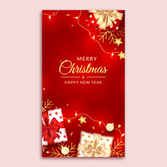 merry christmas and happy new year social media story with realistic red decoration