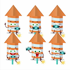 Photographer profession emoticon with rocket firework orange cartoon character