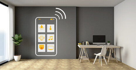 3d rendering of technology smart grey working room. The working table with a computer is on the right. The illustration of a smartphone with the smart home icon is on the left.