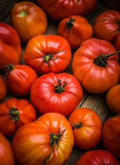 Freshly harvested ripe organic tomatoes in the wooden crate. Selective focus.
