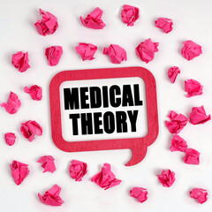On the table are crumpled blue pieces of paper and a thought plate with the inscription - MEDICAL THEORY