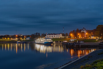 Cruise ship at the pier in the ancient Russian city of Uglich.