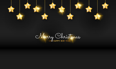 modern black merry christmas and happy new year banner with golden spiral hanging star