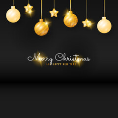modern black merry christmas and happy new year banner with golden hanging ball and star