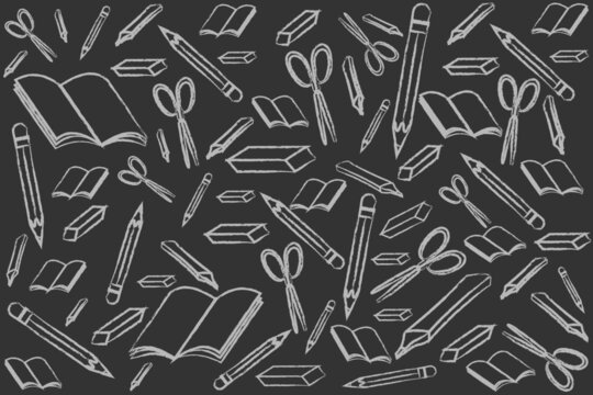 Stationery items seamless pattern. Chalk and blackboard theme. Books, pencils, highlighters, erasers and scissors.