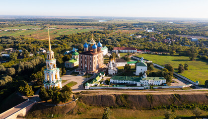 Fototapeta na wymiar Bird's eye view of Assumption Cathedral and bell tower located in Ryazan Kremlin, Russia.