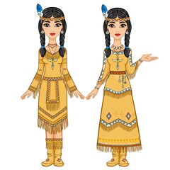 Couple of beautiful animation girls in clothes of the American Indians in different poses. Full growth. Vector illustration isolated on a white background.