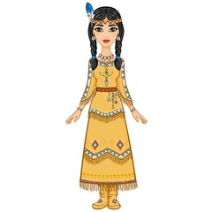 attractive animation girl in clothes of the American Indian. Full growth. Vector illustration isolated on a white background.