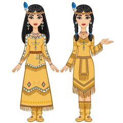 Couple of beautiful animation girls in clothes of the American Indians in different poses. Full growth. Vector illustration isolated on a white background.