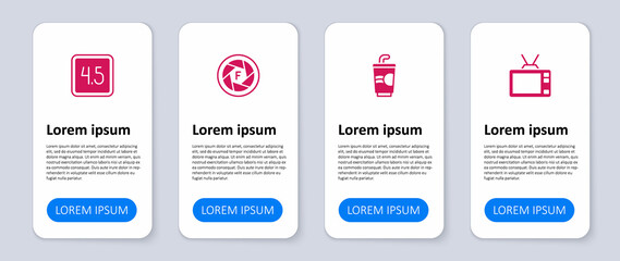 Set Retro tv, Paper glass with water, Camera shutter and Rating movie. Business infographic template. Vector