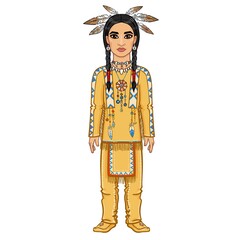Animation portrait of the man in clothes of the American Indian. Full growth. Vector illustration isolated on a white background.