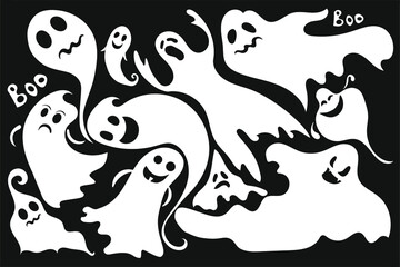 Scary Set of Monochrome Ghosts. The ghost shadow is funny. ghost leaf for halloween character design. Isolated vector illustrations.