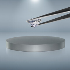 Diamond on held in diamond tweezers on shiny round pedestal podium. concept illuminated pedestal by spotlights on background