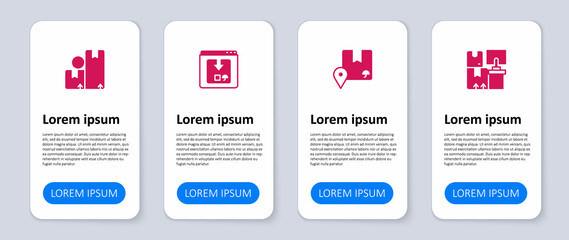 Set Warehouse with boxes, Location cardboard, Online app delivery tracking and Carton. Business infographic template. Vector