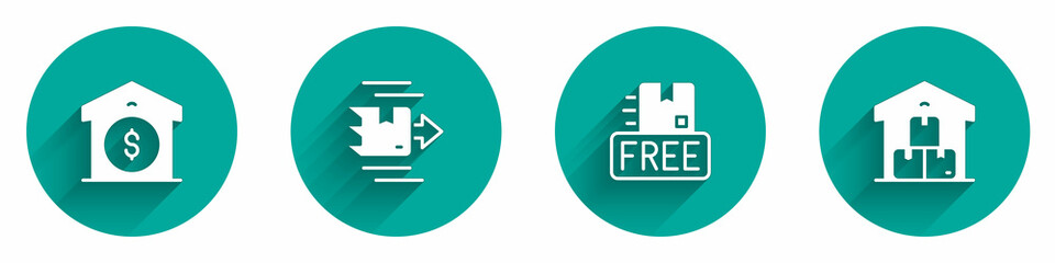 Set Warehouse price, Carton cardboard box, Cardboard with free symbol and Full warehouse icon with long shadow. Vector