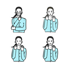 マスクによる肌荒れの女性の表情の線画セット