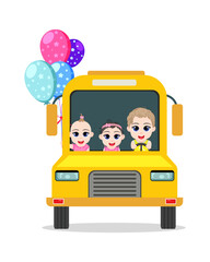 Happy cute baby girl characters wearing beautiful outfit and driving bus and holding balloons