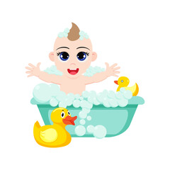 Beautiful baby character siting and playing with toys and bathing on bath tab with water and bubbles