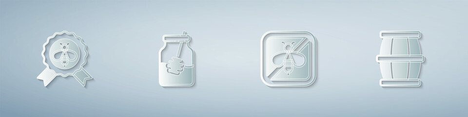 Set Best bee, Jar of honey and dipper stick, Stop and Wooden barrel with. Paper art style. Vector