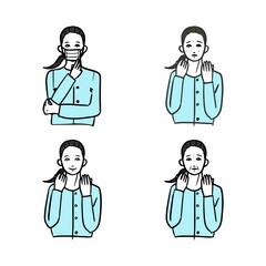マスクによる肌荒れの女性の表情の線画セット
