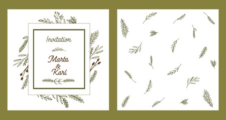 Green floral  template for wedding greeting or invitation card design. Vector illustration with branches and blade of grass. Light graphic design in discreet colors.