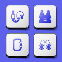 Set Worm, Fishing jacket, Carabiner and Binoculars icon. White square button. Vector