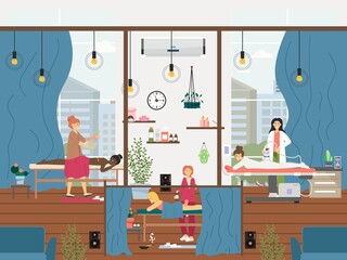 People getting leg, back, lpg anti cellulite massage therapy, vector illustration. Body relax. Spa and beauty treatment.