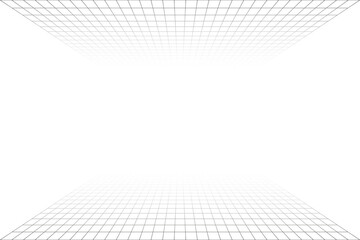 Grid perspective white room with gray wireframe background. Floor and celling. Digital cyber box technology model. Vector abstract architectural template