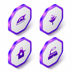 Set Isometric Electric iron, Washbasin, Kitchen apron and Brush for cleaning icon. Purple hexagon button. Vector