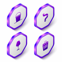 Set Isometric Bucket, Industry metallic pipe, Wine glass and Trash can icon. Purple hexagon button. Vector