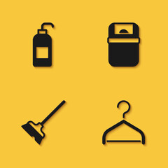Set Antibacterial soap, Hanger wardrobe, Mop and Trash can icon with long shadow. Vector