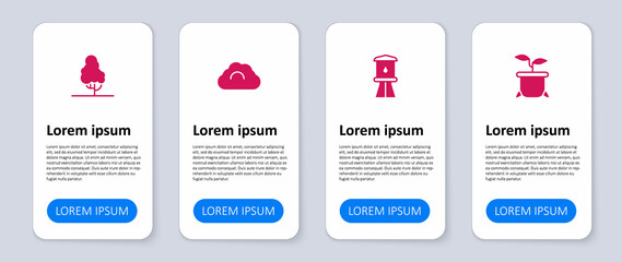 Set Plant in pot, Water tower, Cloudy weather and Fruit tree. Business infographic template. Vector