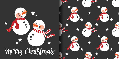Christmas holiday season banner with Merry Christmas text and seamless pattern of cute snowman wear red scarf on black background with stars. Vector illustration.