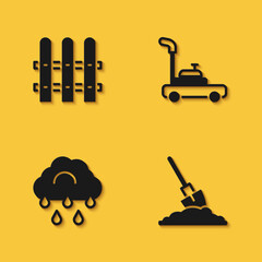 Set Garden fence wooden, Shovel in the ground, Cloud with rain and Lawn mower icon with long shadow. Vector