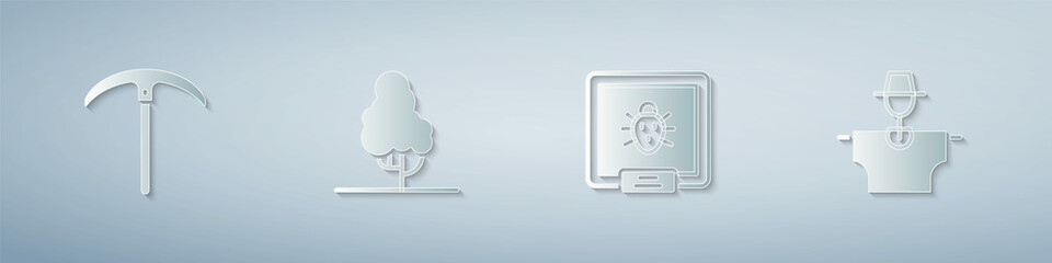 Set Pickaxe, Fruit tree, Colorado beetle and Scarecrow. Paper art style. Vector