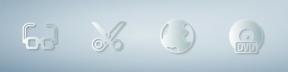 Set Glasses, Scissors, Earth globe and CD DVD disk. Paper art style. Vector