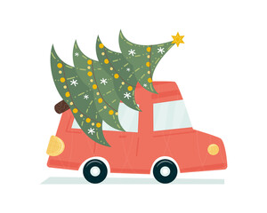 A red car is driving an ornate Christmas tree. Cute naive print. New Year holidays. fashionable design for print, fabric, decor, gift wrap. Vector illustration, doodle