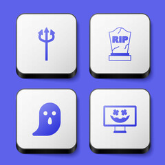 Set Trident devil, Tombstone with RIP written, Ghost and Happy Halloween holiday icon. White square button. Vector