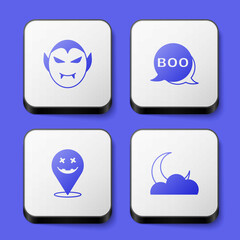 Set Vampire, Boo speech bubble, Happy Halloween holiday and Moon and stars icon. White square button. Vector