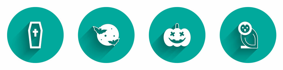 Set Coffin with christian cross, Moon and stars, Pumpkin and Owl bird icon with long shadow. Vector