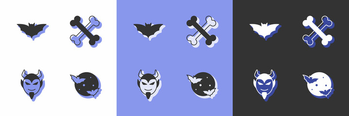 Fototapeta premium Set Moon and stars, Flying bat, Devil head and Crossed bones icon. Vector