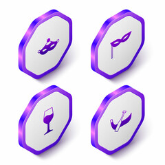 Set Isometric Carnival mask, Wine glass and Gondola boat icon. Purple hexagon button. Vector