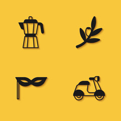 Set Coffee maker moca pot, Scooter, Carnival mask and Olives branch icon with long shadow. Vector